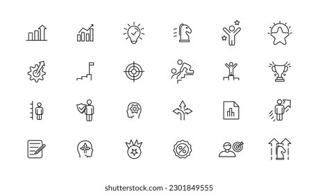 Growth and success line icons collection. Big UI icon set in a flat design. Thin outline icons pack. 
