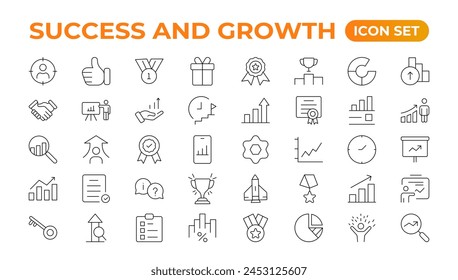 Growth and success line icons collection. Big UI icon set in a flat design. Thin outline pack. Vector illustration.Growth and Success set. Successful business development, plan process symbol.