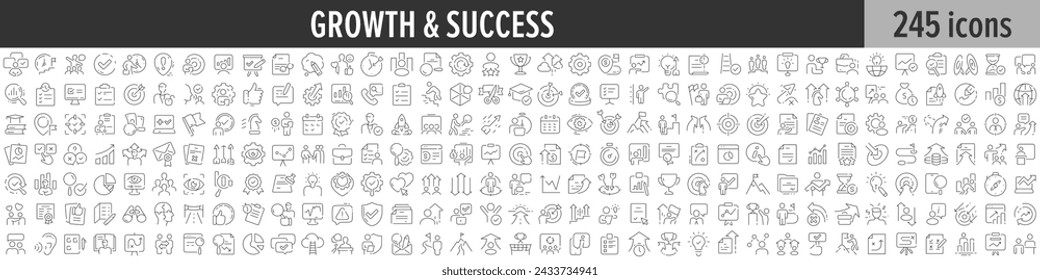 In: Growth and Success linear icon collection. Große Sammlung von 245 Wachstums- und Erfolgssymbolen. Sammlung dünner Liniensymbole. Vektorgrafik