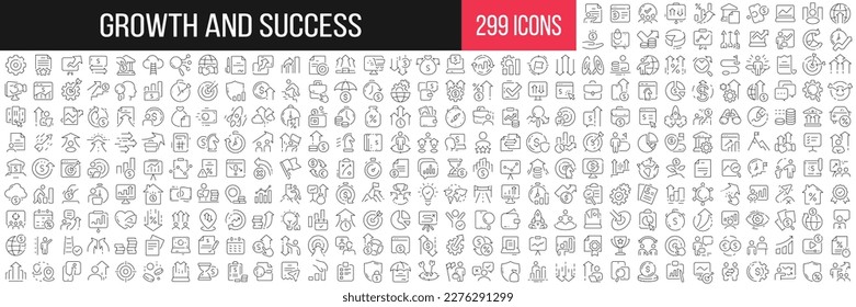 Growth and success linear icons collection. Big set of 299 thin line icons in black. Vector illustration