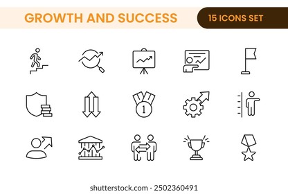 Growth and Success modern outline style icons set. Successful business development, plan and process symbol illustration.