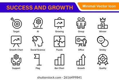 Growth and Success modern outline style icons set. Successful business development, plan and process symbol illustration.