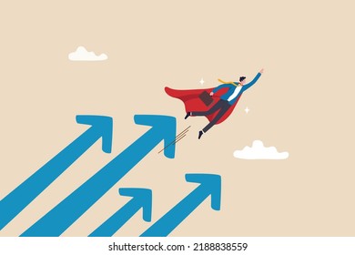 Growth for success, professional or expert to grow business, high performance or leadership, winner motivation concept, businessman superhero flying high in the sky with growth rising up arrows.