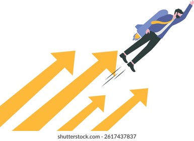Growth for success, professional or expert to grow business, high performance or leadership, winner motivation concept, businessman flying high in the sky with growth rising up arrows.

