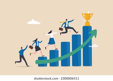 Growth to success, team achievement or teamwork to achieve target, career development or business strategy to win or victory, growing business concept, business people running up graph to trophy.