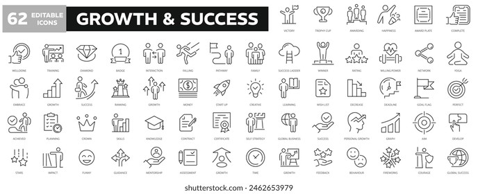 Growth and Success thin line icon set. Successful business development, plan and process symbol. Goals and Target Related. Thin outline icons pack. Vector illustration