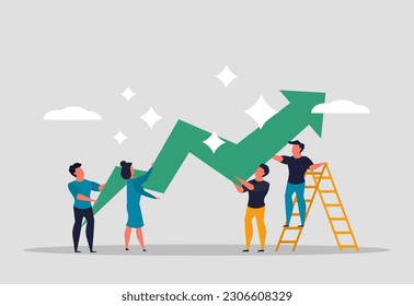 Growth of the team and people keep the arrow going up. Teamwork, increase the efficiency of labor worker. Collaboration people in the company. Business people are united. Vector illustration concept