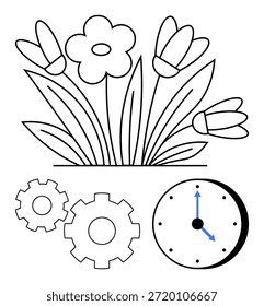 Growth, teamwork, time management, productivity, nature, planning. Black and white flowers, gears and clock with arrows. Growth and teamwork concept with nature and time management