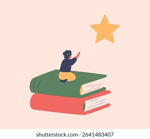 Growth Through Knowledge. child sitting on a large stack of books reaches for a dream in the form of a golden star. education as empowerment. vector illustration