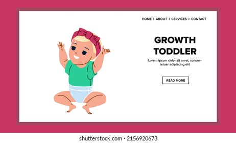 Growth Toddler Recreation And Activity Vector. Growth Toddler Wearing Cute Bow, Clothes And Diaper Sitting On Floor And Smiling. Character Childhood And Development Web Flat Cartoon Illustration