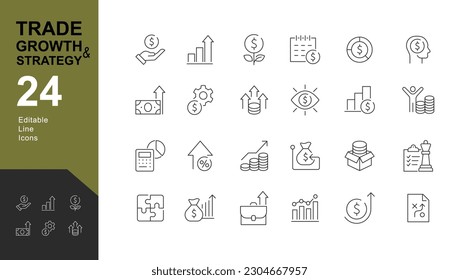 Estrategia de crecimiento y comercio: conjunto de iconos editables. Ilustración vectorial en modernos iconos de línea delgada: beneficios, gráficos, ingresos, finanzas. Pictogramas e infografía.