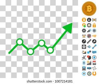 Growth Trend Arrow pictograph with bonus bitcoin mining and blockchain graphic icons. Vector illustration style is flat iconic symbols. Designed for bitcoin software.