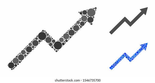 Growth trend chart mosaic of small circles in variable sizes and color tinges, based on growth trend chart icon. Vector small circles are united into blue mosaic.
