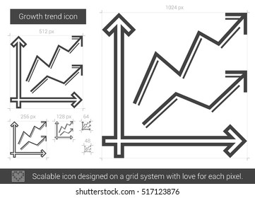 Growth trend vector line icon isolated on white background. Growth trend line icon for infographic, website or app. Scalable icon designed on a grid system.