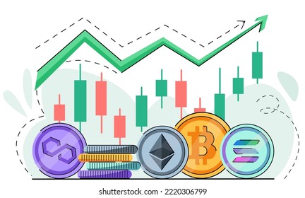 Growth trends of bitcoin and cryptocurrencies. Bullish wave in the cryptocurrency market. Bitcoin, solana, Polygon, Ethereum  price rise. A good crypto growth trend. Green arrow and coins logo. vector