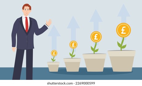 Growth of UK Business or Stock Market as represented by the growing GBP or British Pound Symbol.