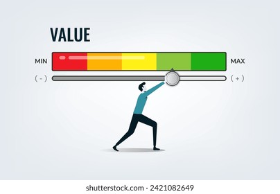 Growth value, increase value, value added or business growth concept. Businessman pushing progress bar up to maximum position with the word VALUE