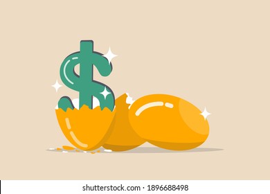 Growth or value stocks investment, earning or dividends from stock market metaphor or profit and return from investment asset concept, shiny golden eggs with one hatched as US dollar money sign.