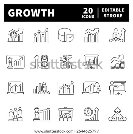 Growth vector icons. Growth icon set in line style. Development, increase, growth, bar graph, improvement, stock market, profit, launch, growing graph icons
