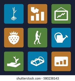 growth vector icons. Set of 9 growth filled icons such as graph, watering can, strawberry, sprout, greenohuse, plant on hand, caveman