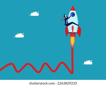 Growth in volatile conditions. Optimization for growth. Businessman riding a rocket overcoming graph uncertainty