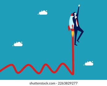 Growth in volatile conditions. Optimization for growth. Businessman flying with rocket overcoming crisis