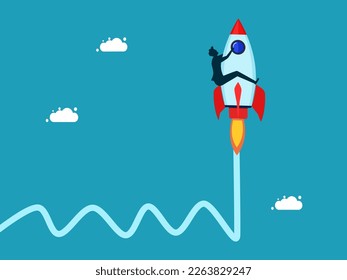 Growth in volatile conditions. Optimization for growth. man riding a rocket overcoming graph uncertainty