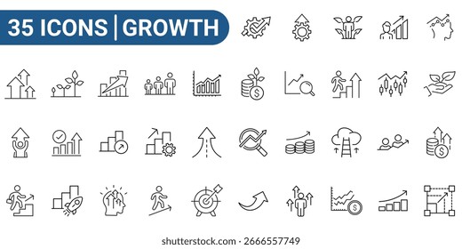 Ícone da Web de Crescimento Definido no Estilo de Linha. Coleção de Ícones Lineares de Melhoria, Incluindo profissional, pessoal, crescimento financeiro, progresso, carreira, setas para cima, meta, desenvolvimento e muito mais. Traço editável
