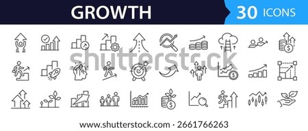 Growth Web Icon Set in Line Style. Collection of Upskill Linear Icons, Including professional, personal, financial growth, progress, career,  arrows up, goal, development and more. Editable Stroke