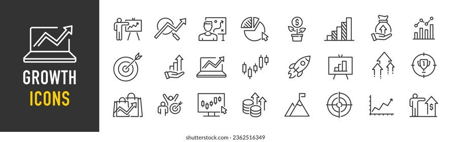 Iconos web de crecimiento en estilo de línea. Objetivo, gráfico, inversión, rendimiento, beneficio, recaudación. Ilustración vectorial.