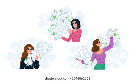 growth woman blossoming tree  vector.  nature beauty, strength life, harmony grace growth woman blossoming tree character. people flat cartoon illustration