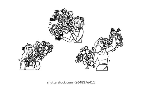 crescimento mulher vetor árvore florescendo. natureza beleza, força vida, harmonia graça crescimento mulher florescendo personagem árvore. pessoas linha preta lápis desenho ilustração