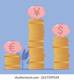 Growth of the yen, yuan, vector icons of world currencies. Piggy bank, accumulation of money, wealth, economic growth, investments
