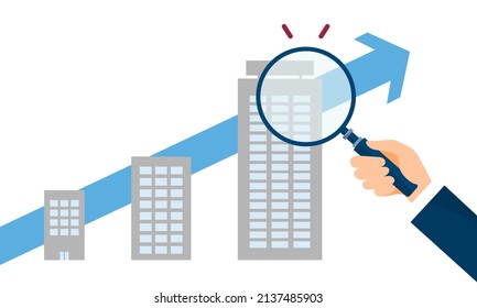 Growthing company image,hand holding magnifying glass,vector illustration