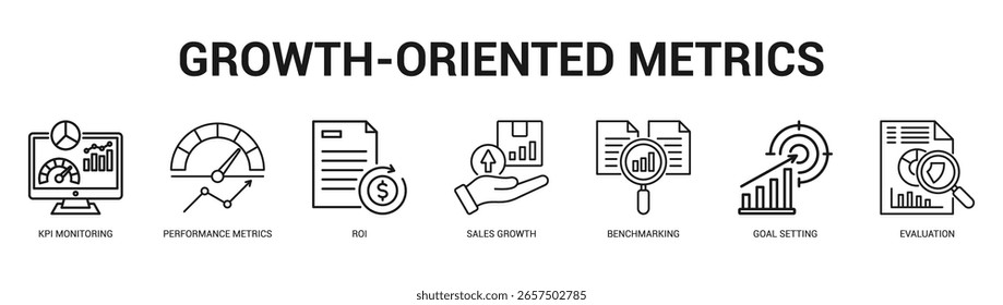 GrowthOriented Metrics Modern and clean web banner illustration featuring thematic icons for visual communication