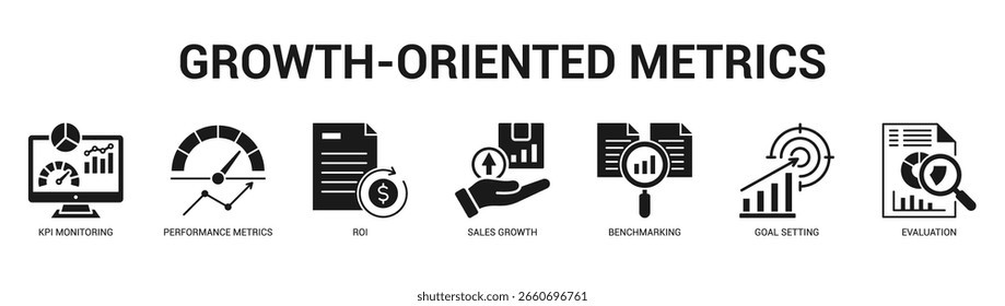GrowthOriented Metrics Modern and clean web banner illustration featuring thematic icons for visual communication