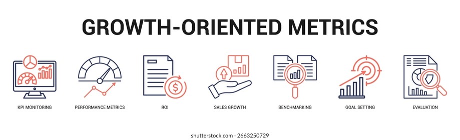 GrowthOriented Metrics Ilustración de Anuncio de Web moderno y limpio con íconos temáticos para la comunicación visual