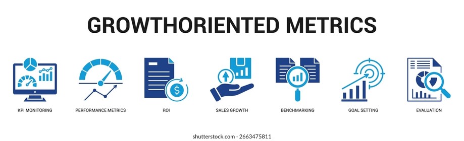 GrowthOriented Metrics Ilustración de Anuncio de Web moderno y limpio con íconos temáticos para la comunicación visual