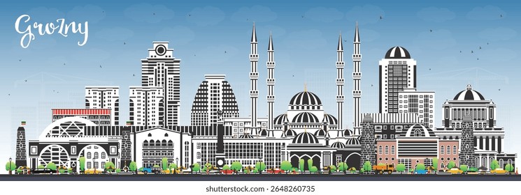 Grozny Rússia horizonte da cidade com edifícios coloridos e céu azul. Ilustração vetorial. Paisagem urbana de Grozny com marcos. Viagens de negócios e conceito de turismo com arquitetura moderna e histórica.