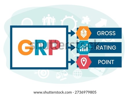 GRP, Gross Rating Point. Concept with keywords, people and icons. Flat vector illustration. Isolated on white background.