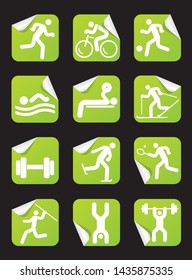 
Grreen Stickers with fitness sport icons. 
Set of green Square Stickers on the white background with sport symbols. Vector available.