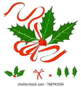Grren and red hand drawn holly icon, leafs, berry, tape on white stock vector illustration
