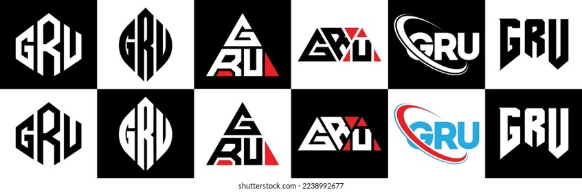GRU letter logo design in six style. GRU polygon, circle, triangle, hexagon, flat and simple style with black and white color variation letter logo set in one artboard. GRU minimalist and classic logo