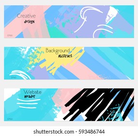Grudge textured strokes blue yellow banner set.Hand drawn textures creative abstract design. Website header social media advertisement sale brochure templates. Isolated on layer