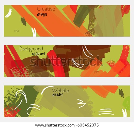 Grudge textured strokes orange green banner set.Hand drawn textures creative abstract design. Website header social media advertisement sale brochure templates. Isolated on layer