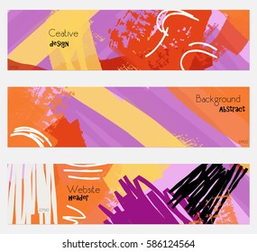 Grudge textured strokes purple yellow banner set. Hand drawn textures creative abstract design. Website header social media advertisement sale brochure templates. Isolated on layer