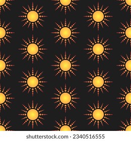 Grudient estilizado sol punteado sobre fondo negro. Patrón sin fisuras del vector geométrico.