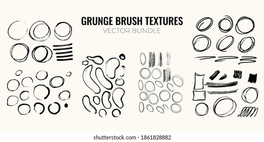 Gruhge Handdrawn Brush Texture Bundle. Set Of Black Shapes, Ink Brush Strokes, Lines. Grungy Design Elements. Vector Illustration.