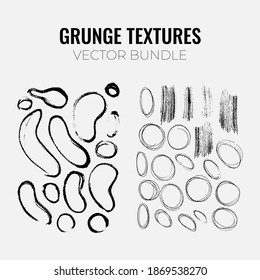 Gruhge handdrawn brush texture bundle. Set of black shapes, ink brush strokes, lines. Grungy design elements. Vector illustration.