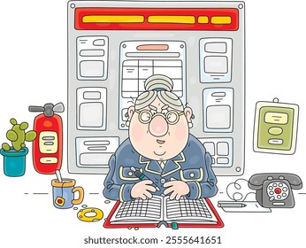 Grumbling old concierge at her workplace with an information stand, a fire extinguisher, a phone and a registration book, vector cartoon illustration on a white background